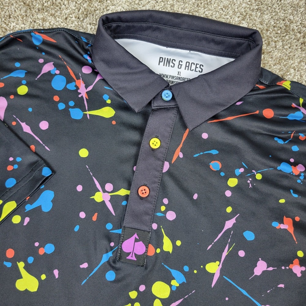 Pins & Aces Mens XL Black AOP Paint Splatter Performance Stretch Golf Polo SS